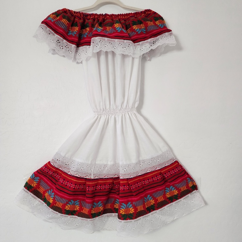 Girls Traditional Mexican Fiesta Dress White Red Floral Embroidered Off Shoulder